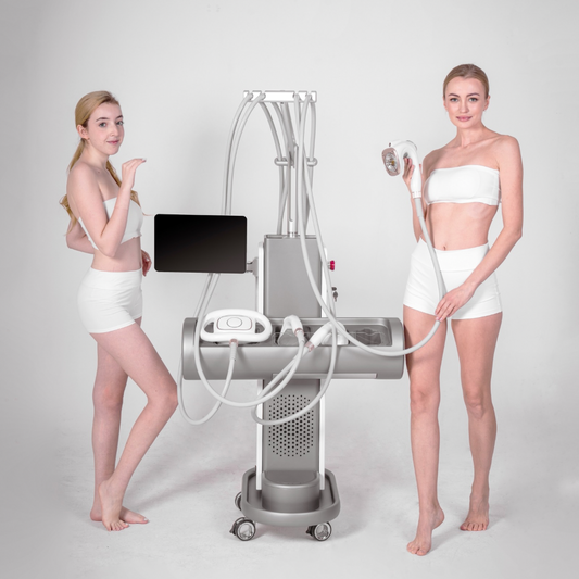 U-Shape 2 Energy Based Lipolysis & Collagen Remodeling System with touchscreen display, multiple body contouring applicators, and two female models standing beside the machine.