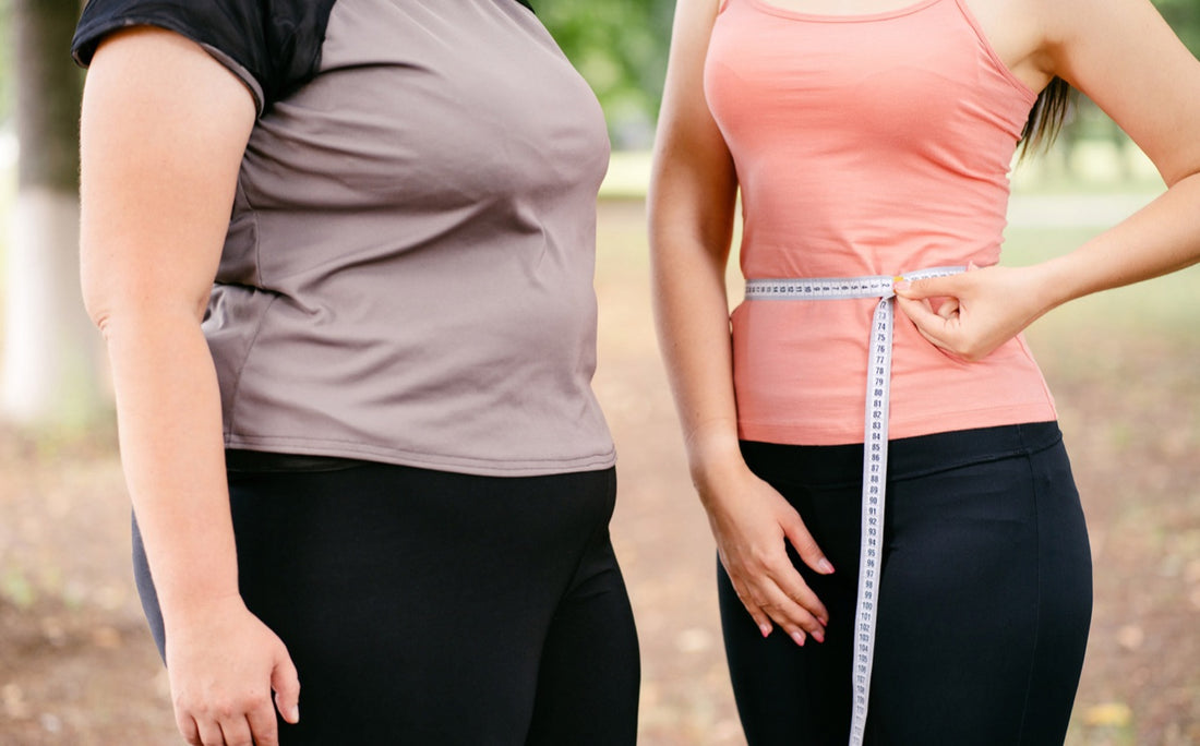 Fat woman and thin woman with tape measures 