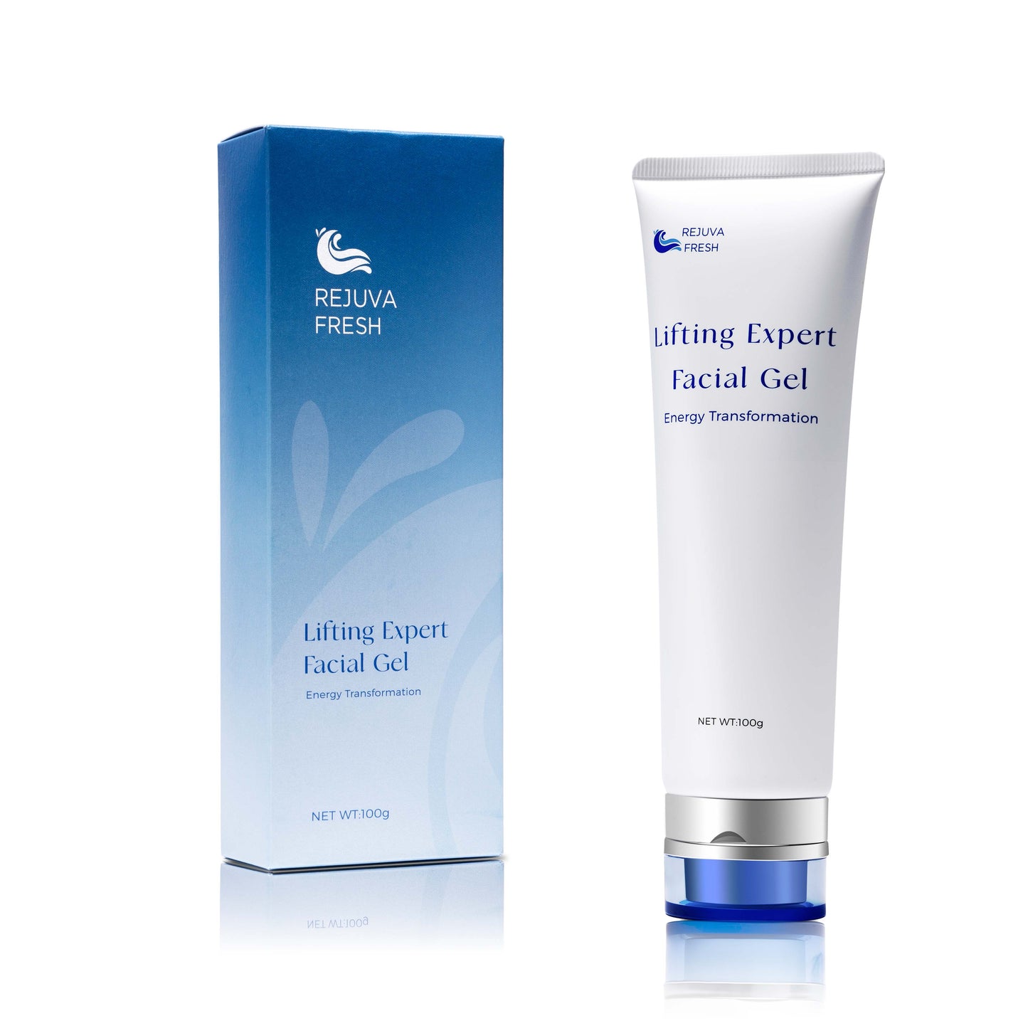 Rejuva Fresh Lifting Expert gel facial y tubo del envase sobre fondo blanco