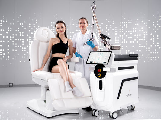 PicoPretty® professional laser machine with touchscreen display and articulated treatment arm, shown beside a practitioner and seated model.