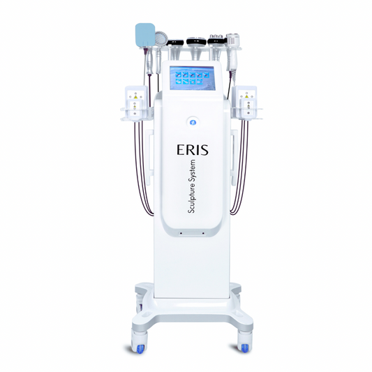 Eris® Lipo Cavitation Machine 9 in 1 Professional with touchscreen display and multiple body sculpting treatment handpieces.