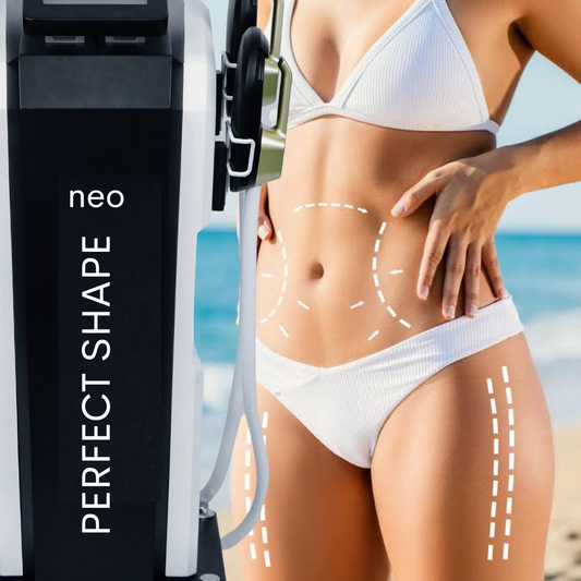 PERFECT SHAPE® NEO body sculpting machine beside a model with marked abdomen and thigh treatment areas.