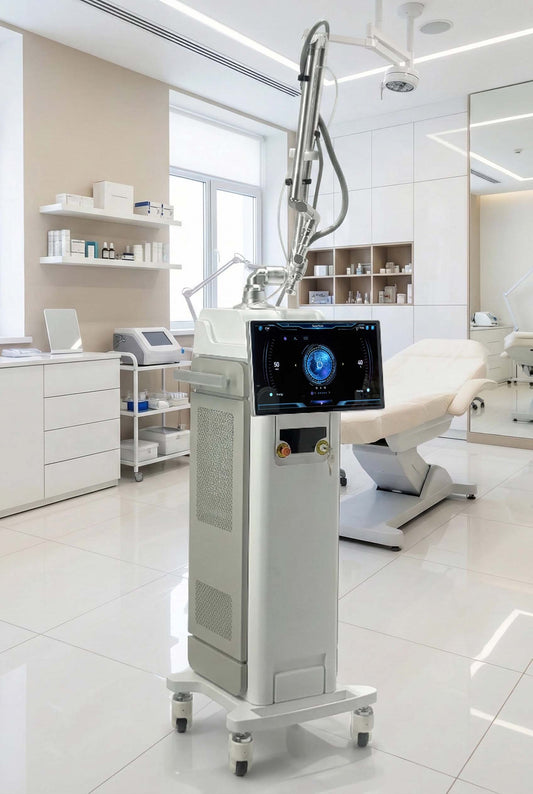 Professional aesthetic laser machine with articulated treatment arm in a modern clinic
