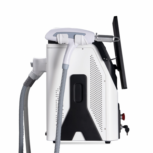 white professional aesthetic laser machine with touchscreen display, dual treatment handpieces, flexible hoses, ventilation panels, and emergency stop button - Side view