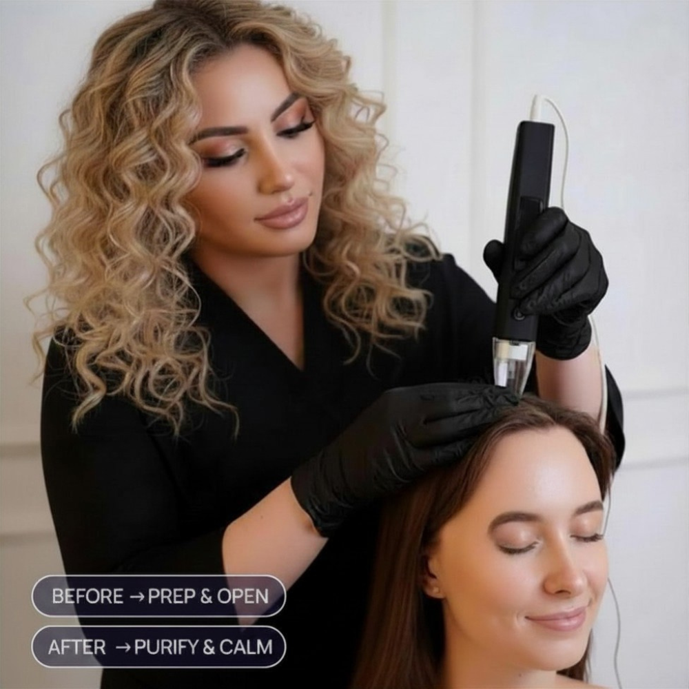 Aesthetic practitioner performing a scalp treatment with a handheld device on a seated woman, with “before” prep and “after” purify and calm steps shown.