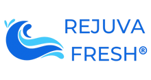 Rejuva Fresh con diseño de ola azul sobre fondo blanco